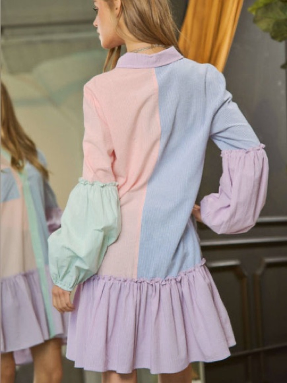 Davi and Dani Large Pastel Colorblock Button-Down Babydoll Dress - Picture 3 of 9